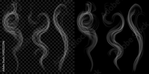 Set of translucent gray smoke on transparent and black background. Transparency only in vector format