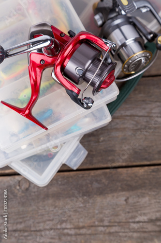 fishing tackles and lures, baits in storage boxes