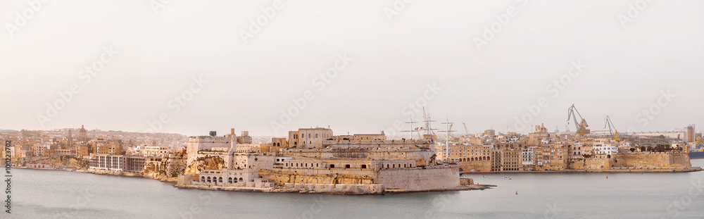 Panorama view of Senglea (Isla) city. Early foggy winter morning in Malta.