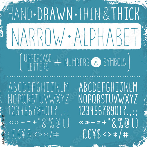 Hand drawn narrow alphabet. Uppercase tall and thin letters and symbols. Handdrawn sans serif font. Narrow doodle font on blue background. Light and bold condensed type.