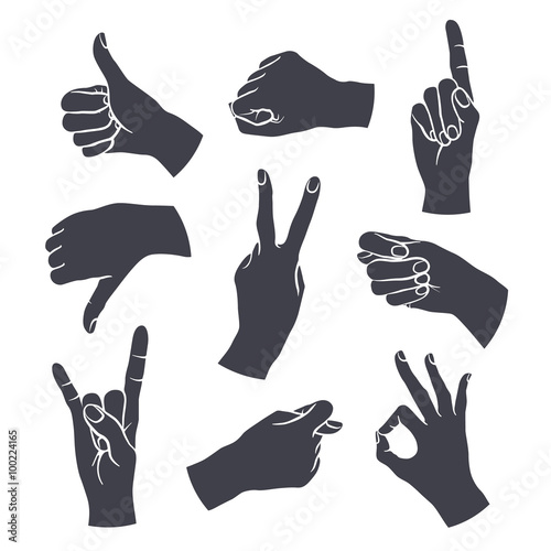 Human gestures icons. Woman hand outline isolated on white background. People hand signs. Ok, thumb up, thumb down, fig, victory, pointing finger, sign of the horns.