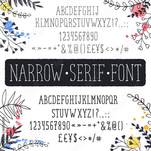 Hand drawn narrow alphabet. Uppercase tall and thin letters and symbols isolated on white background. Handdrawn typography. Narrow doodle font. Light and bold condensed type.