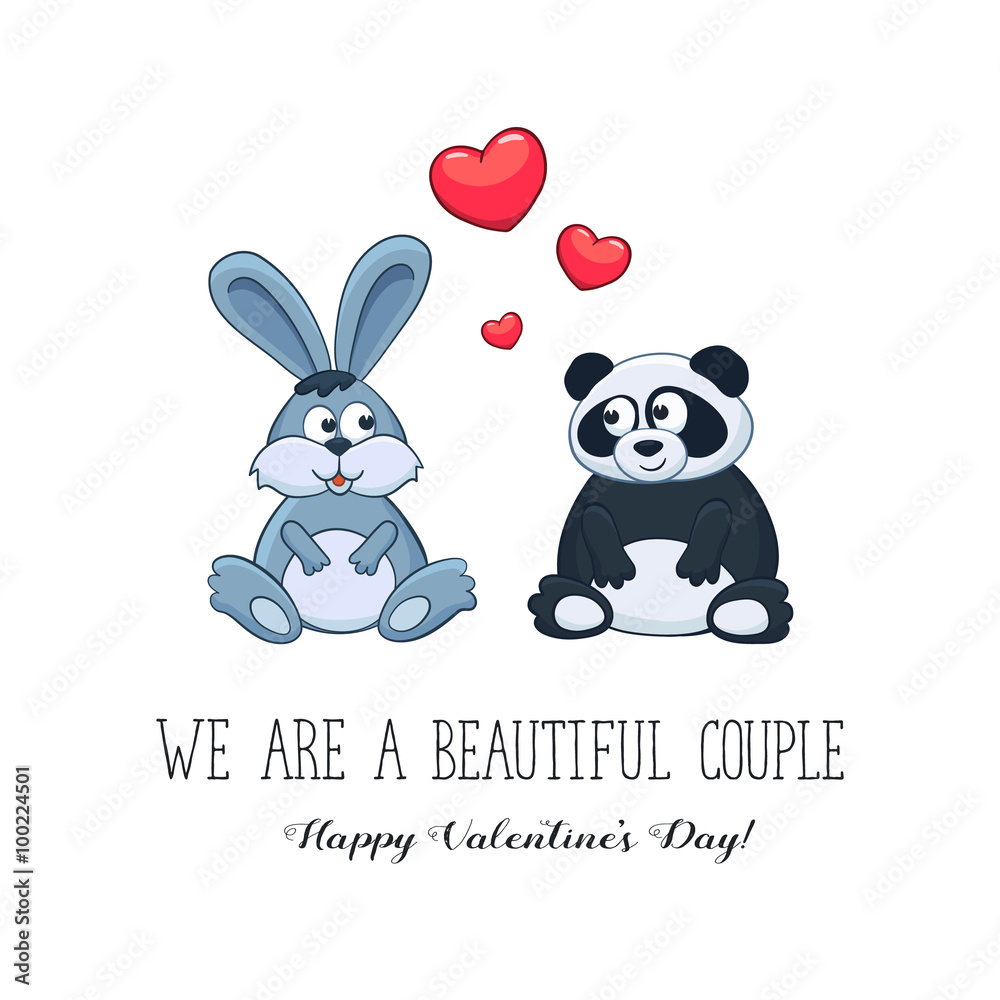 Cartoon animals with hearts. We are a beautiful couple. Happy Valentine's Day. Bunny and panda in love. Funny greeting card. Cartoon animals with hearts. We are a beautiful couple. Happy Valentine's Day. Bunny and panda in love. Funny greeting card.