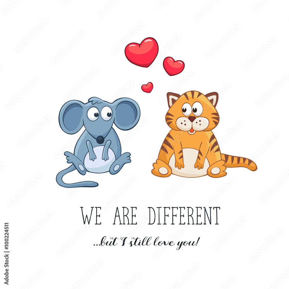 Cartoon animals with hearts. Valentine's day. Funny greeting card. We are  different but i still love you. Mouse and tiger in love. Stock Vector |  Adobe Stock