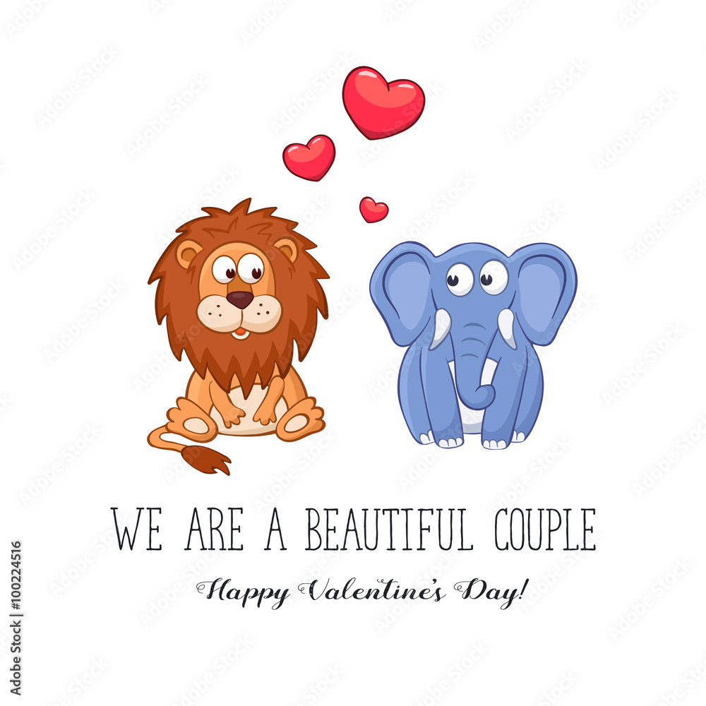 Cartoon animals with hearts. We are a beautiful couple. Happy Valentine's  Day. Funny greeting card. Lion and elephant in love. Stock Vector | Adobe  Stock