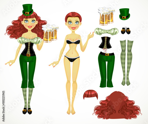 Leprechaun- girl  with beer doll for dressing with red wavy hair