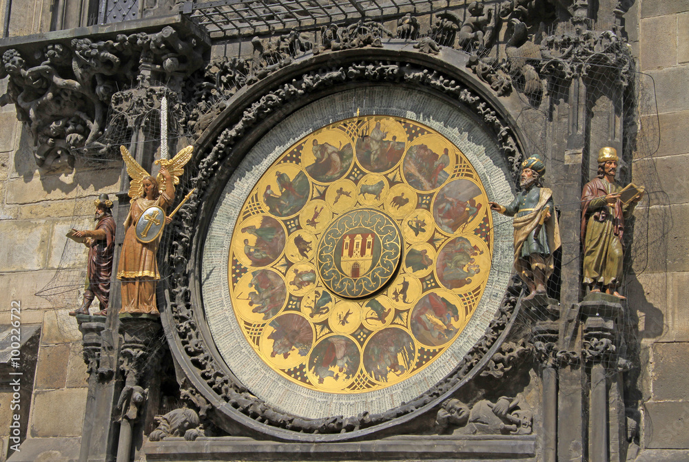 PRAGUE, CZECH REPUBLIC - APRIL 24, 2013: Prague Astronomical Clock (Prague Orloj) on the wall of Old Town City Hall, Prague, Czech Republic