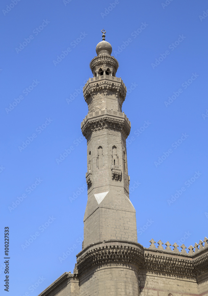 Minaret of al Rifai mosque against a bright blue sky,Cairo, Egyp