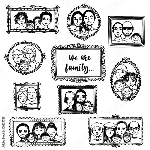 Cute hand drawn picture frames with family portraits