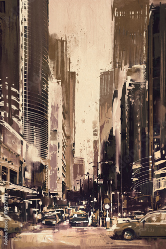 painting of city street with office buildings artwork in retro style