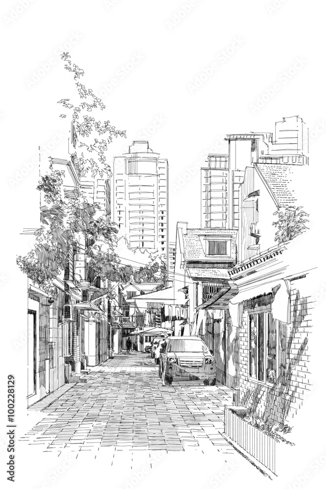 freehand sketch of old street