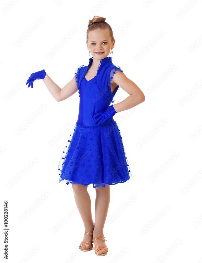 Happy little girl in blue dancing dress Happy little girl in blue dancing dress