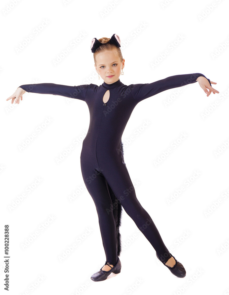 Obraz premium Nice little girl dressed as black cat. Isolated on white