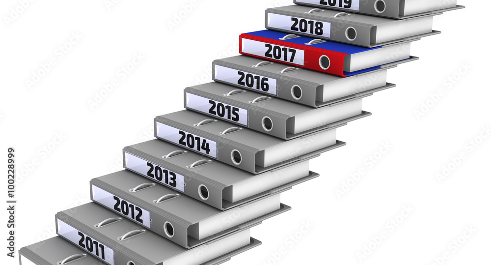 Gray office folders stacked in the form of steps, marked the years 2011-2018, and one colorful folder with the inscription "2017". Focus for 2017 year. The three-dimensional illustration - obrazy, fototapety, plakaty 