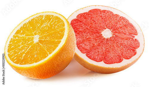 half of orange and grapefruit isolated on the white background