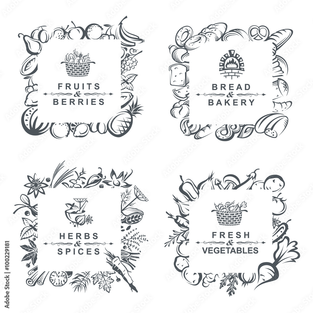 monochrome set of frames with fruits, vegetables, bakery and spices