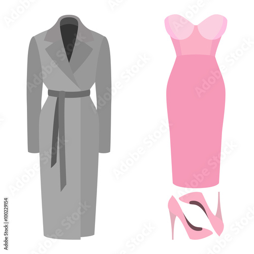 Set of trendy women's clothes. Outfit of woman coat, dress and accessories. Women's wardrobe. Vector illustration