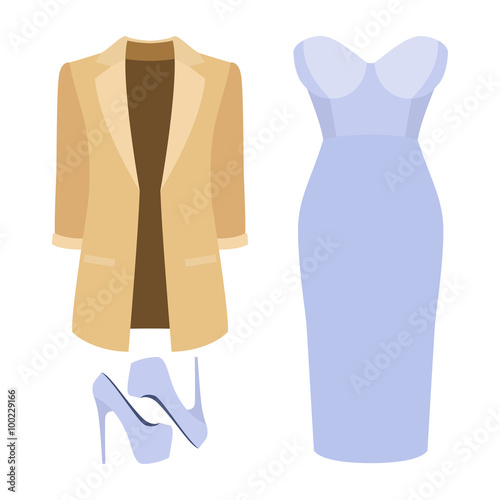 Set of trendy women's clothes. Outfit of woman jacket, dress and accessories. Women's wardrobe. Vector illustration