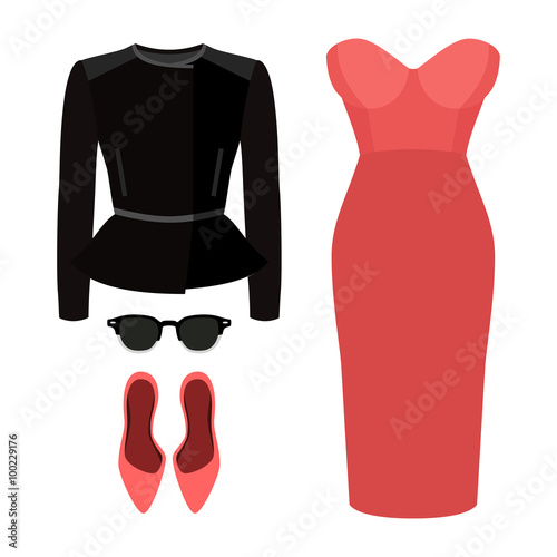 Set of trendy women's clothes. Outfit of woman jacket, dress and accessories. Women's wardrobe. Vector illustration
