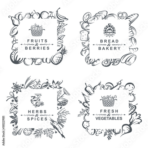 monochrome set of frames with fruits, vegetables, bakery and spices