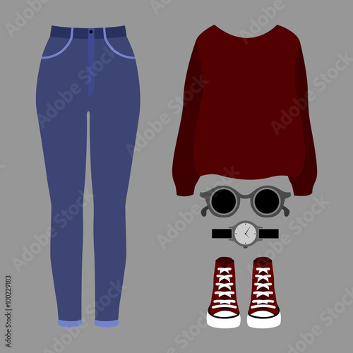 Set of trendy women's clothes. Outfit of woman jeans, pullover and accessories. Women's wardrobe. Vector illustration