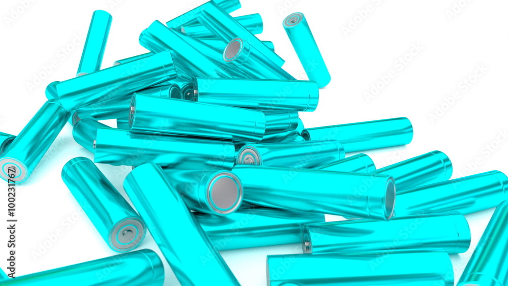 Animated falling and bouncing shining plain, cyan or light blue (Stripped from label - from text, logo, brand name and other information) AA batteries against white background. Special HDRI lighting. Animated falling and bouncing shining plain, cyan or light blue (Stripped from label - from text, logo, brand name and other information) AA batteries against white background. Special HDRI lighting.