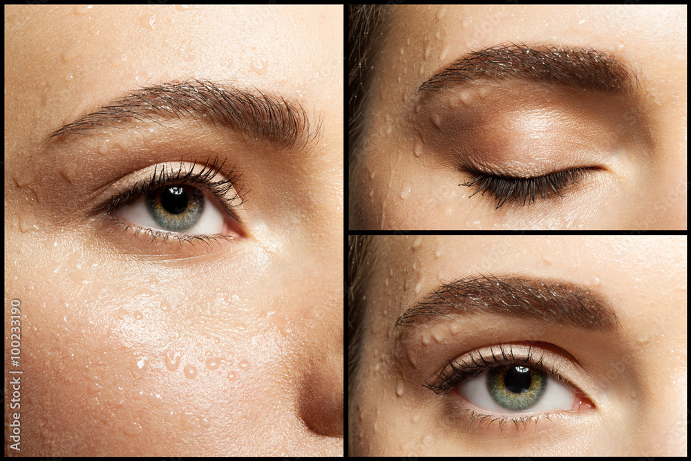 Fototapeta premium Collage of parts of the female beautiful clean face in the drops of water