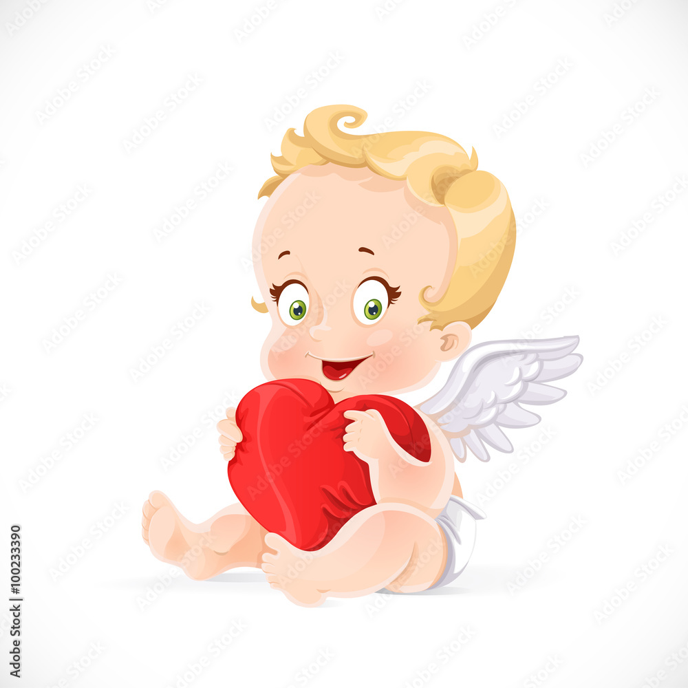 Cute cupid sitting and hugging a soft red pillow heart isolated Cute cupid sitting and hugging a soft red pillow heart isolated