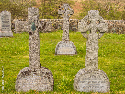 Ancient stone crosses in churchyard, Isle of Mull, Scotland, UK