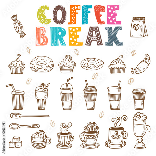 Coffee break. Vector doodle set. Hand drawn coffee elements