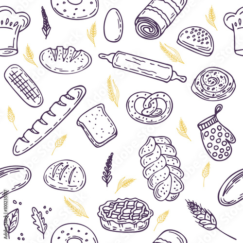 Seamless pattern with bread and wheat. Hand drawn bakery backgro
