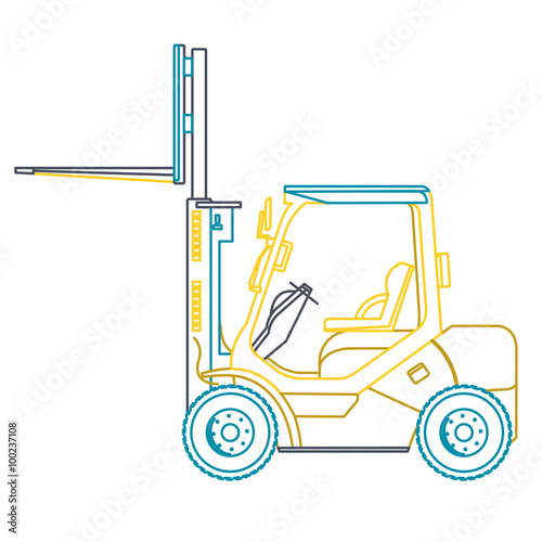 Blue yellow outline fork lift loader. Loading of goods. Professional illustration for net banner poster or icon. Flatten symbol illustration master vector Truck Digger Crane Small Bagger