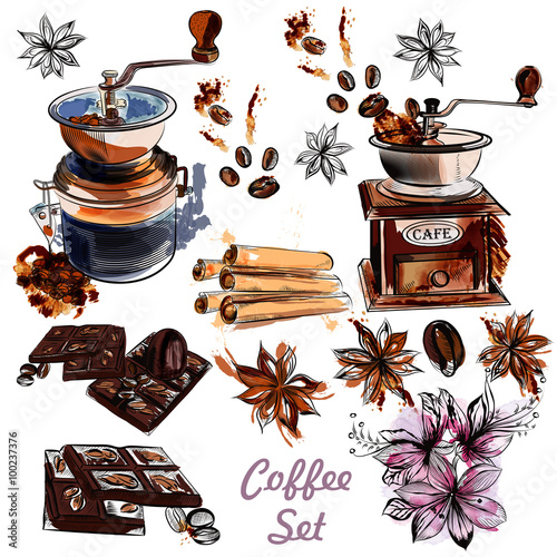  vector set with coffee grinder anis stars and roasted beans in
