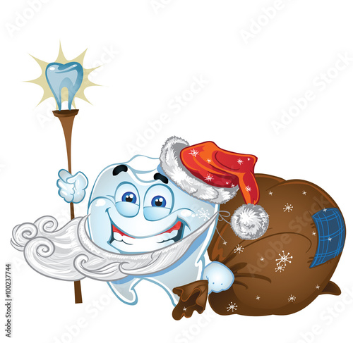 Teeth in suit Santa Claus with sack of presents