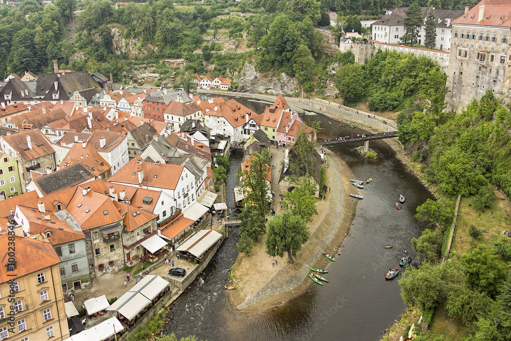 Cesky Krumlov, famous historical city south of Prague, aerial view.