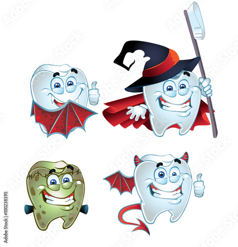 Halloween Tooth character dressed in fun costumes