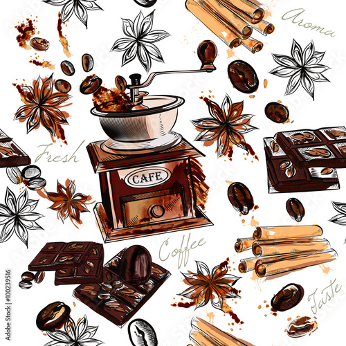   Coffee background with watercolor spots coffee mill fried bean
