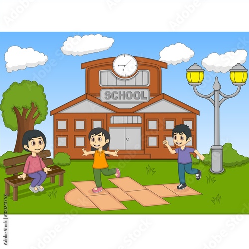 Children playing hopscotch on the school cartoon vector illustration