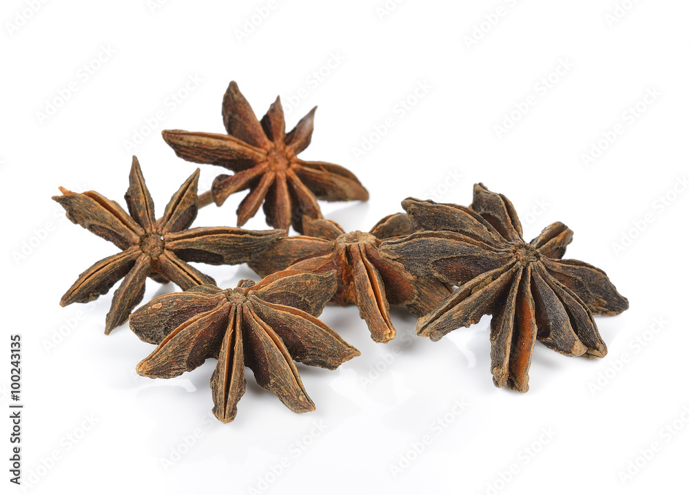 Star anise spice fruits and seeds isolated on white background Star anise spice fruits and seeds isolated on white background