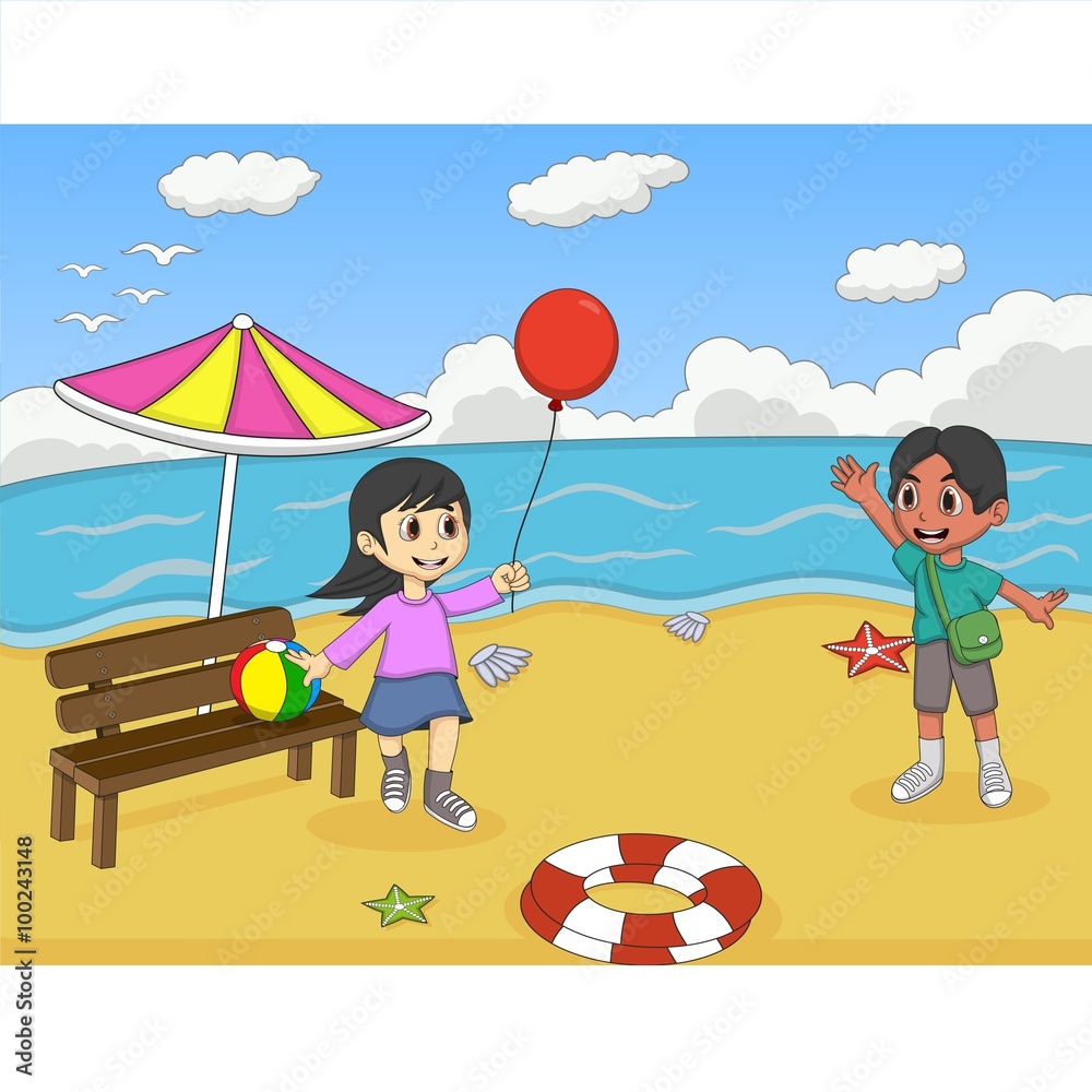 Children playing on the beach cartoon vector illustration