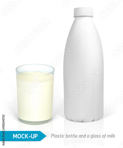 Vector realistic milk glass and white plastic bottles for dairy products, juice or milk. Mock-up packages