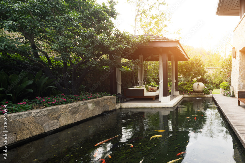 design and furniture in rest place with pond design and furniture in rest place with pond