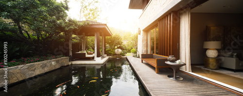 design and furniture in rest place with pond photo