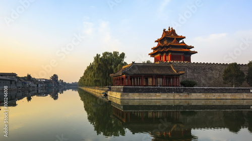 China Beijing, the Palace Museum (Forbidden City), outer moat at sunrise,time lapse(zooming in).