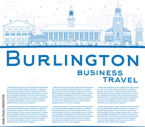 Outline Burlington (Vermont) Skyline with Blue Buildings and Copy space. Some elements have transparency mode different from normal.