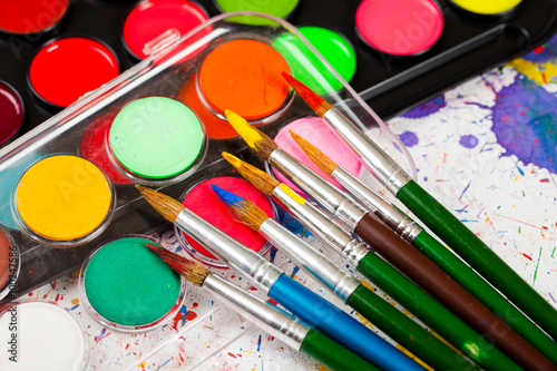 Brushes, paints, pencils for drawing