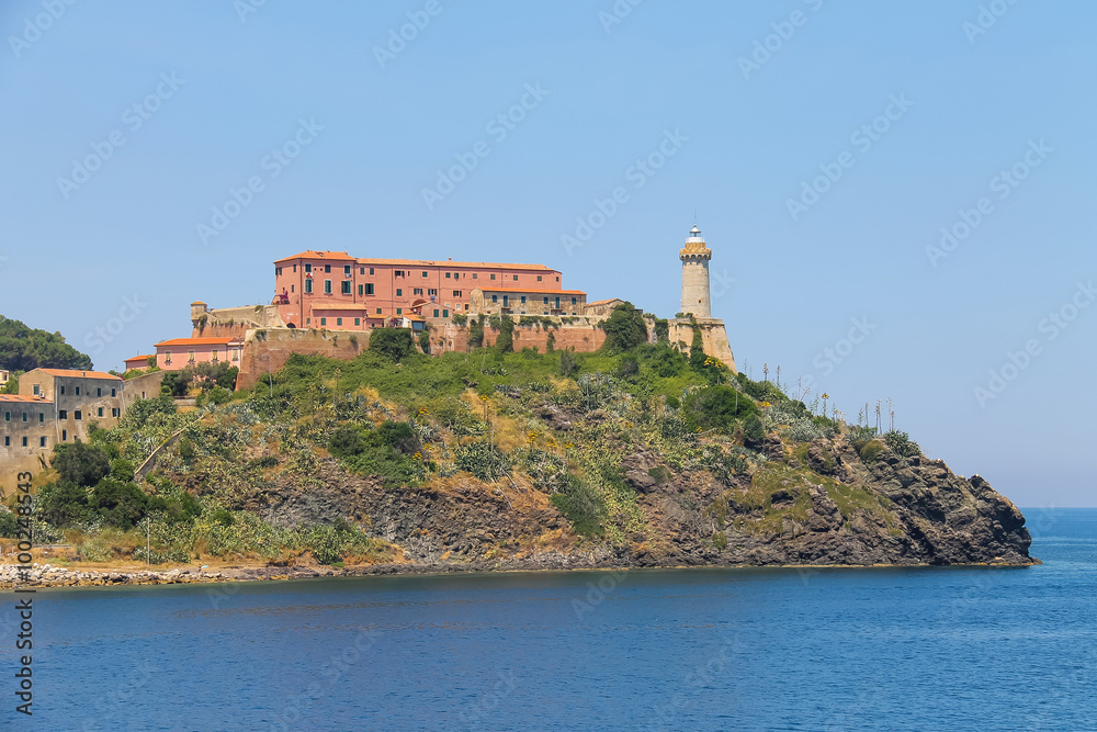 The lighthouse on the hill in Portoferraio, the main port of Elb