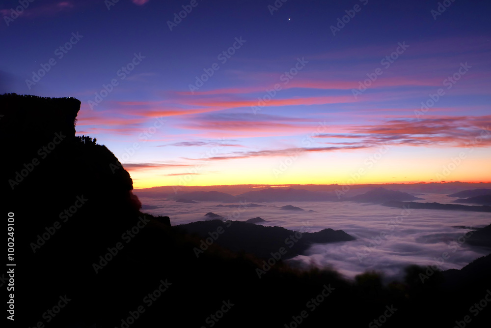Sunrise time at the peak of mountain and cloudscape at Phu chi fa, Chiangrai landmark,Thailand