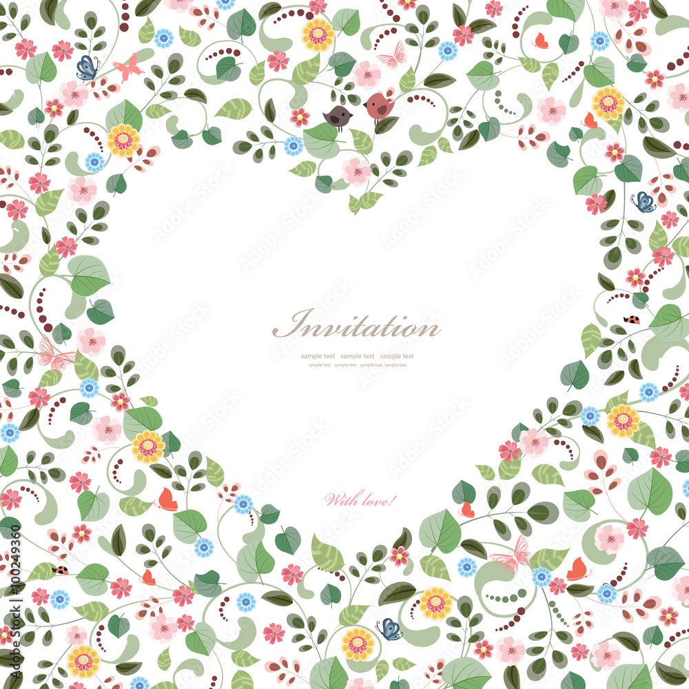 cute frame of heart with couple birds and flowers. happy valenti