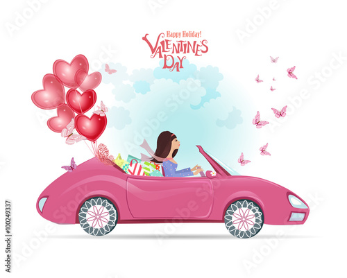fashion young woman in a car with gifts and red balloons. happy